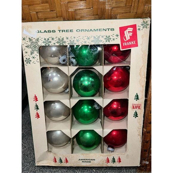 Vintage Christmas Glass Ball Ornaments-USA Grn/Red/Wht FRANKE Round 12 Ct in Box - Picture 1 of 7